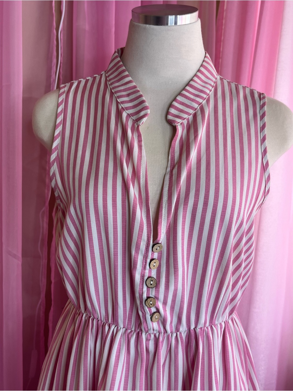 SHEIN Pink and White Striped Sleeveless Button-Front Long Dress